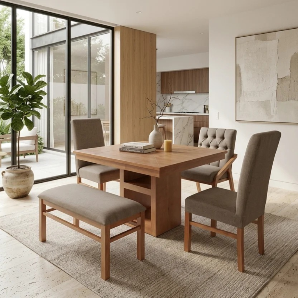Comedor Módelo Austria Beige 3 Sillas 1 Banca